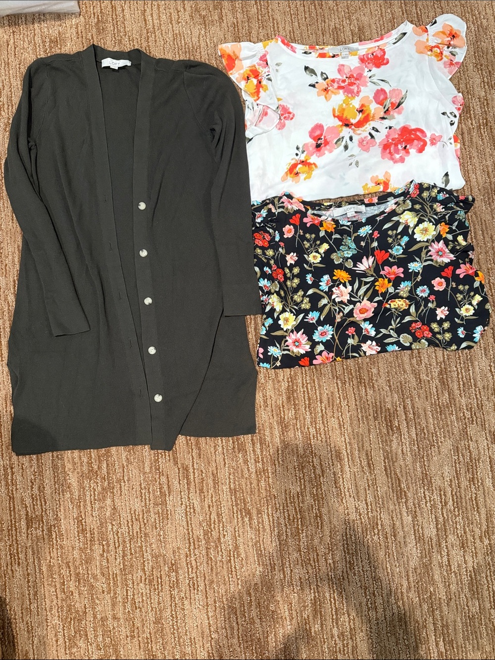 Loft Olive Green Long Cardigan with Button Front With Two Shirts. 3-Piece Set